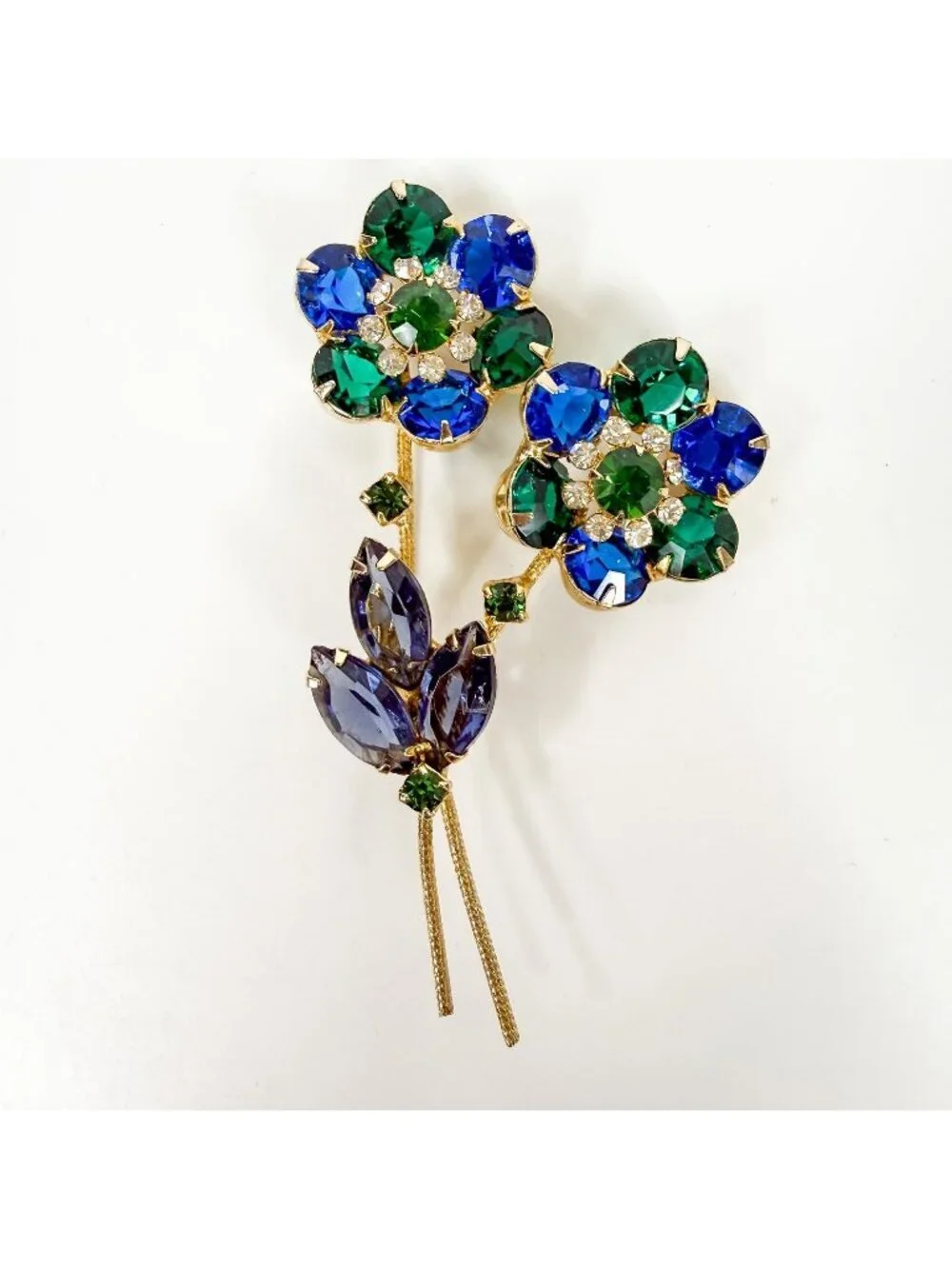 Vintage Blue Green Rhinestones Flowers Long Stems Gold Tone Prong Set Brooch
